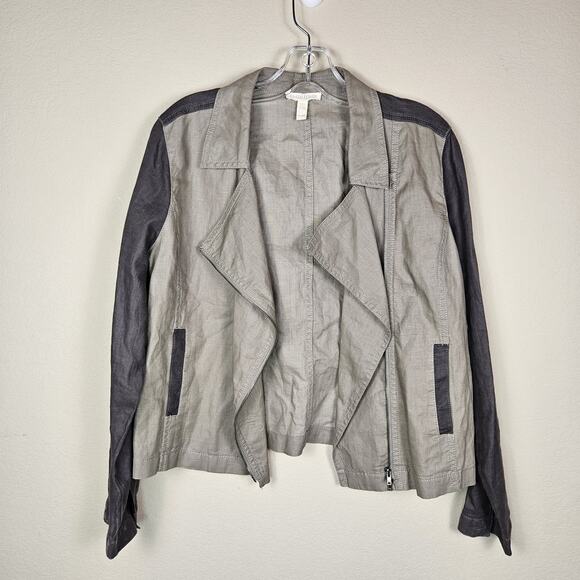 Eileen Fisher Moto Jacket Coated Organic Linen Asymmetric Casual Taupe Size PL - Picture 1 of 16